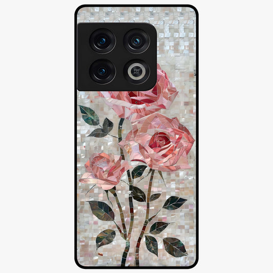 Blush Mosaic Bloom Glass Case showing flat back view with mosaic floral bloom artwork and glossy glass finish.