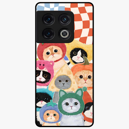 Cats in Fruits Glass Case showing flat back view with playful cat illustrations inside fruit artwork and glossy glass finish.