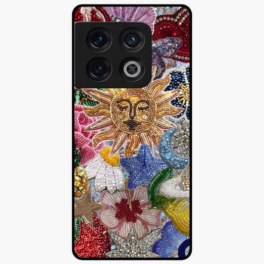 Celestial Floral and Playful Glass Case showing flat back view with floral and celestial themed artwork and glossy glass finish.