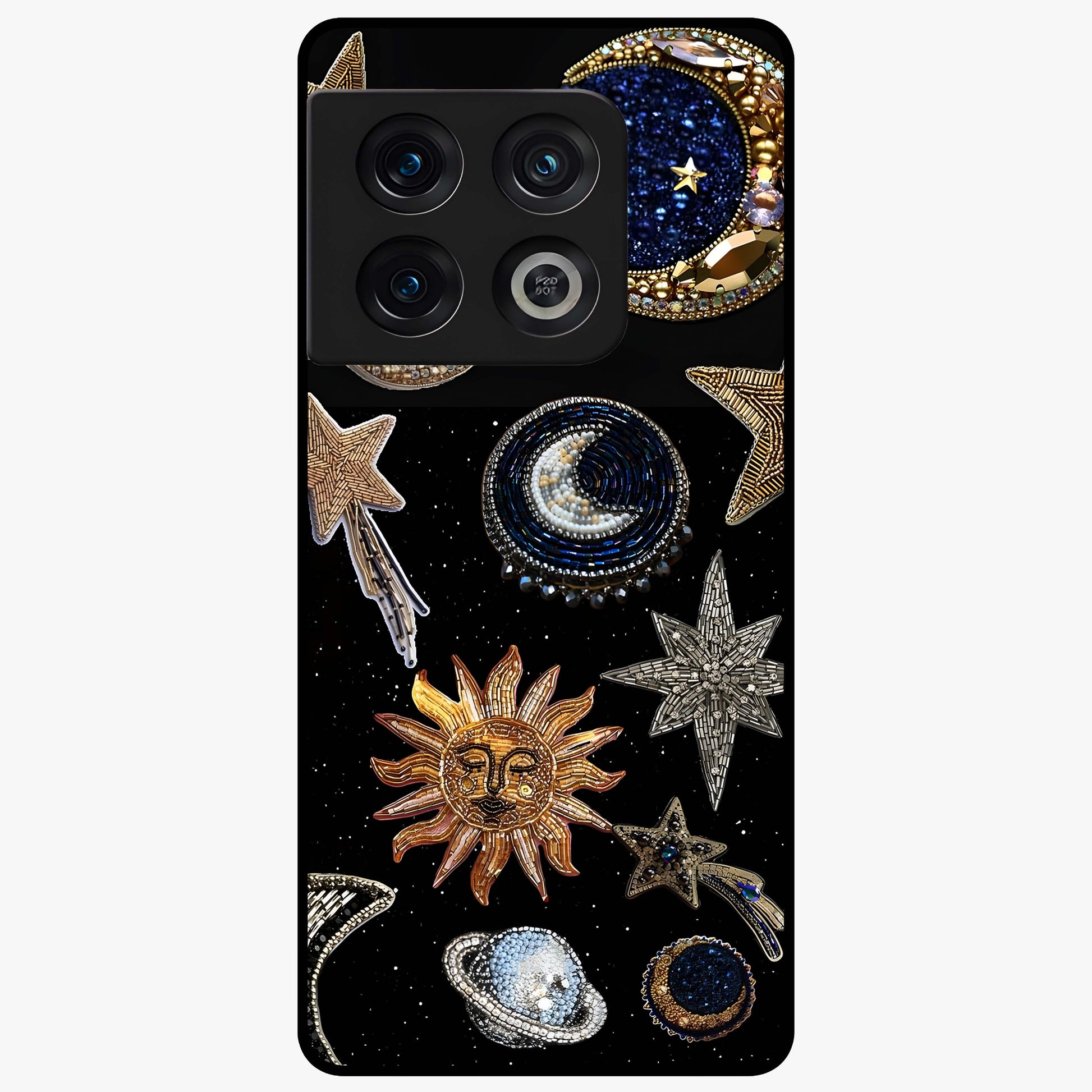 Celestial Gem Constellations Glass Case showing flat back view with sparkling constellation artwork and glossy glass finish.