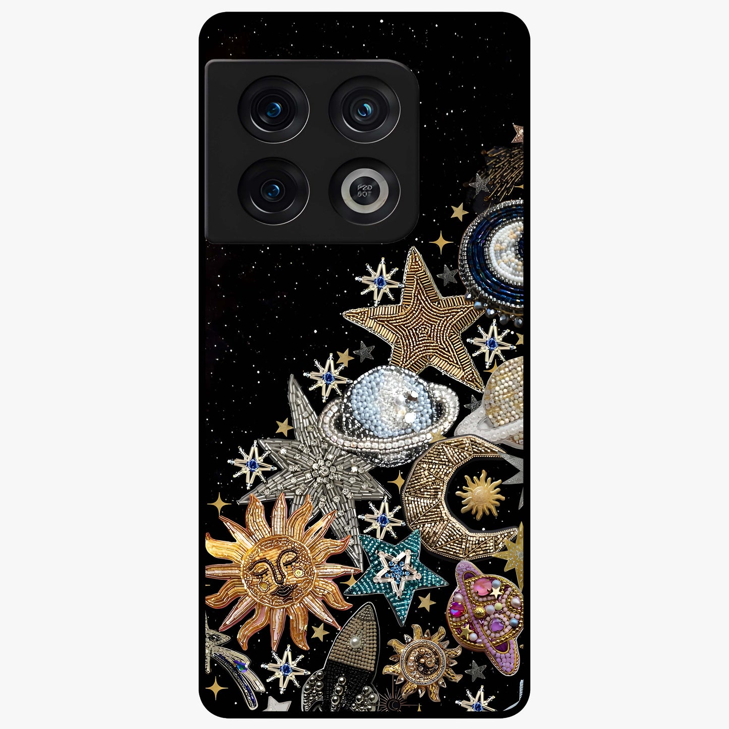 Cosmic Sparkle Dreams Glass Case showing flat back view with sparkling cosmic artwork and glossy glass finish.
