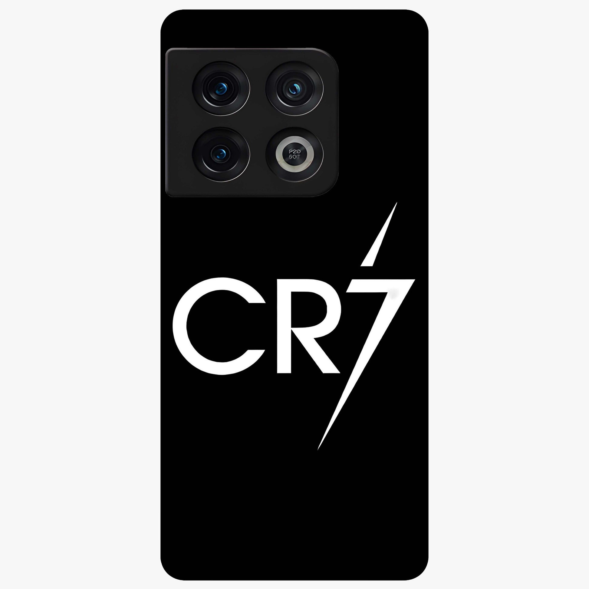 Cr7 Elite Strike Glass Case showing flat back view with dynamic football inspired artwork and glossy glass finish.