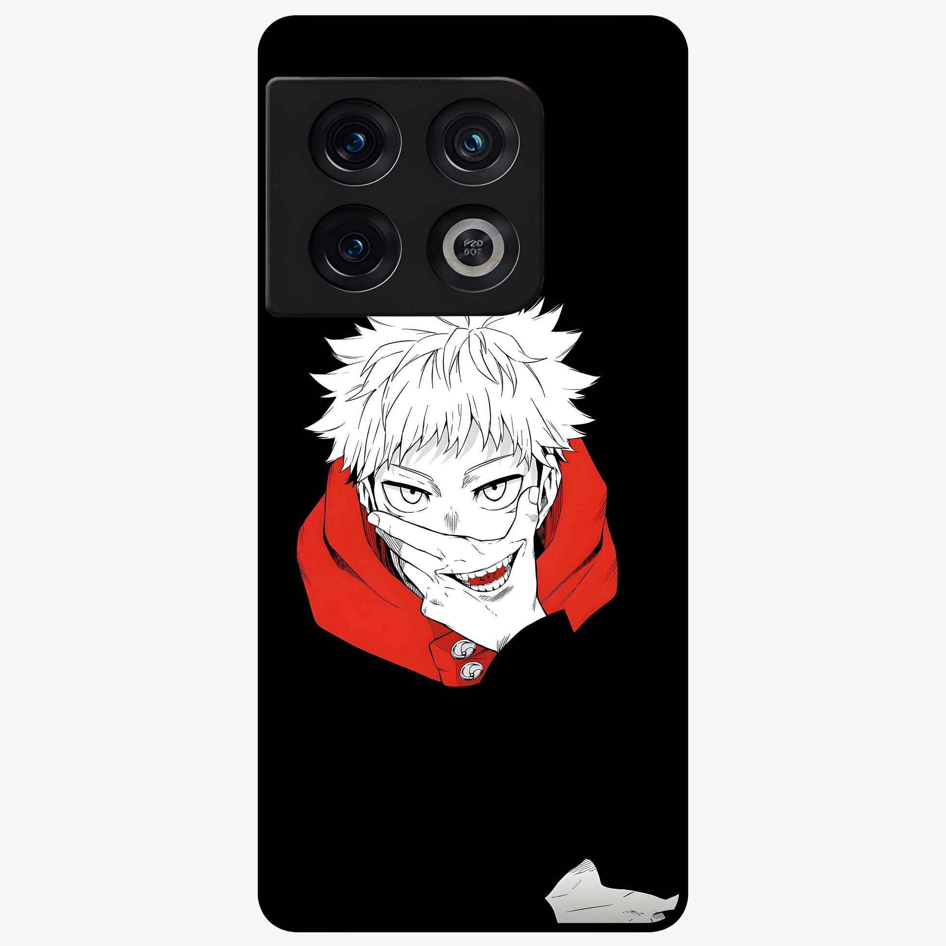 Crimson Chaos Smile Glass Case showing flat back view with bold chaotic smile artwork and glossy glass finish.