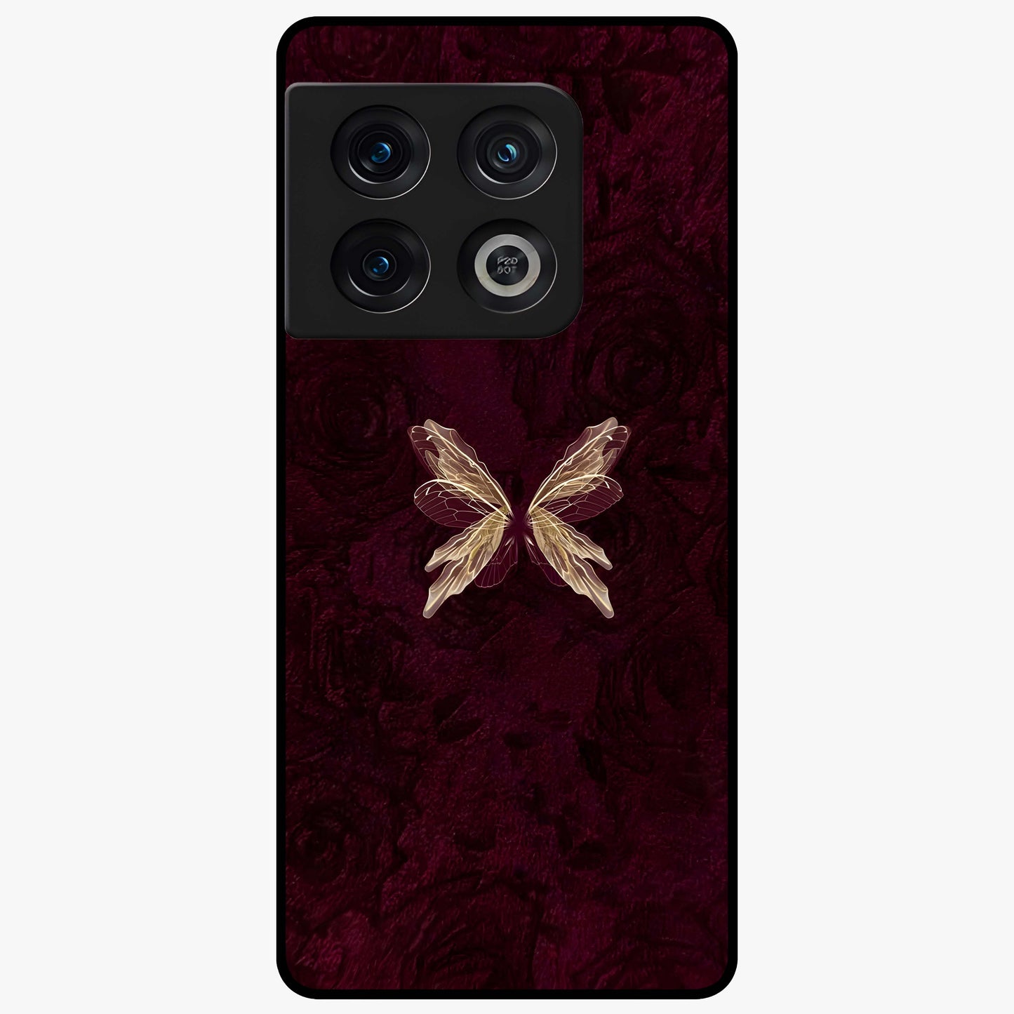 Crimson Fade Butterfly Glass Case showing flat back view with fading butterfly artwork and glossy glass finish.