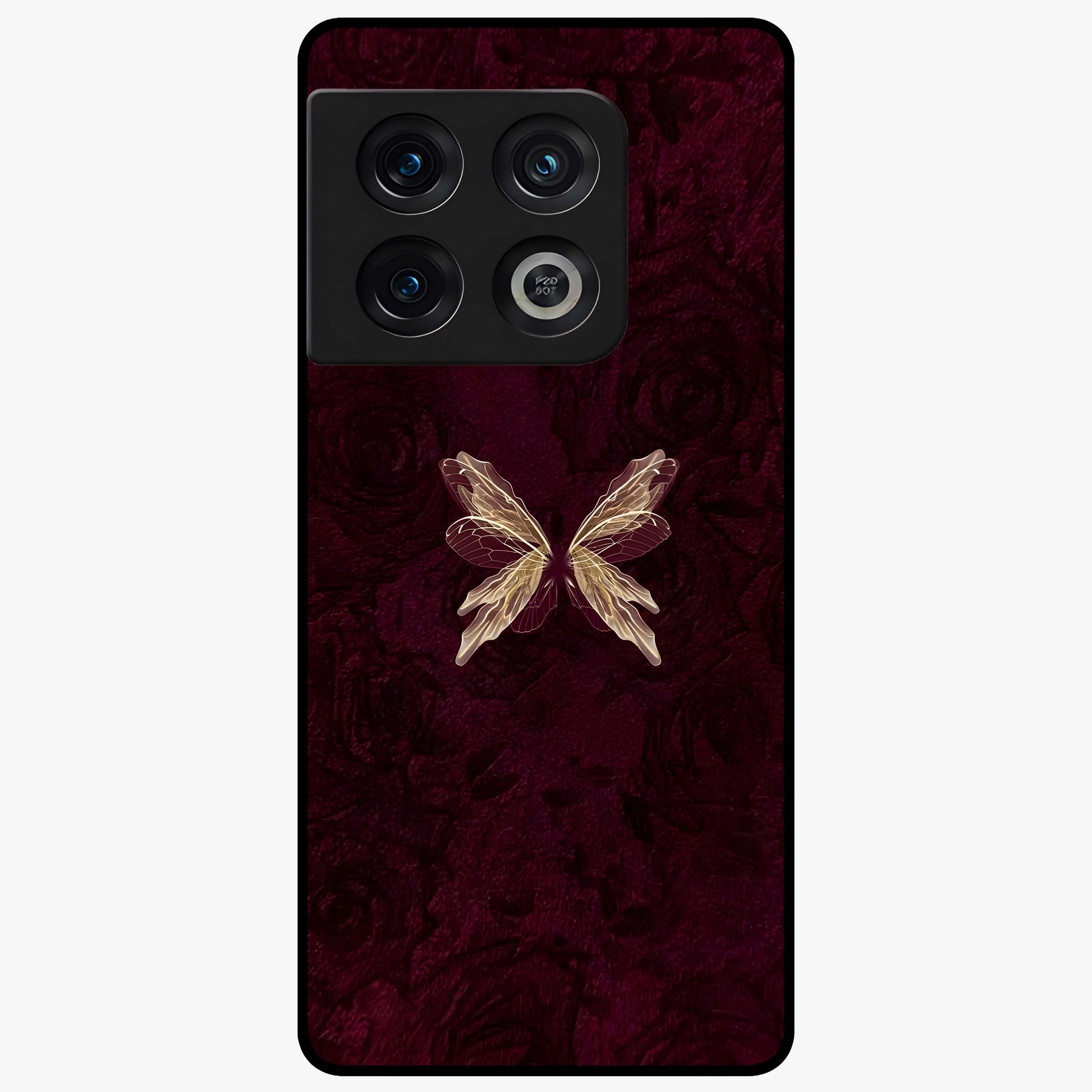 Crimson Fade Butterfly Glass Case showing flat back view with fading butterfly artwork and glossy glass finish.