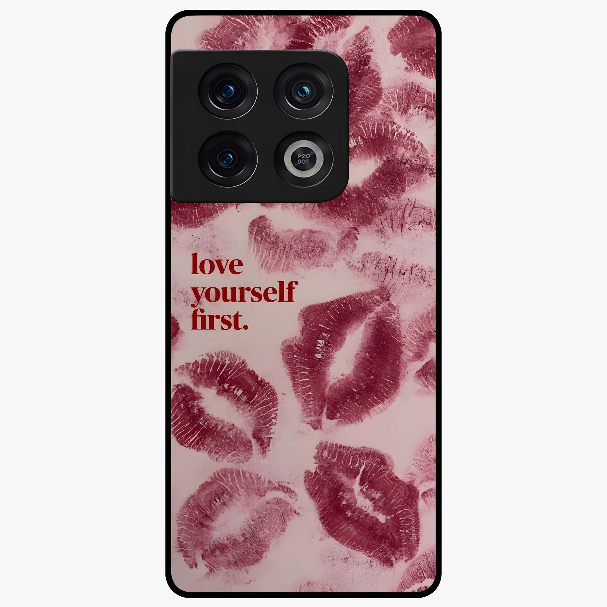 Crimson Kiss Love Glass Case showing flat back view with romantic crimson themed artwork and glossy glass finish.