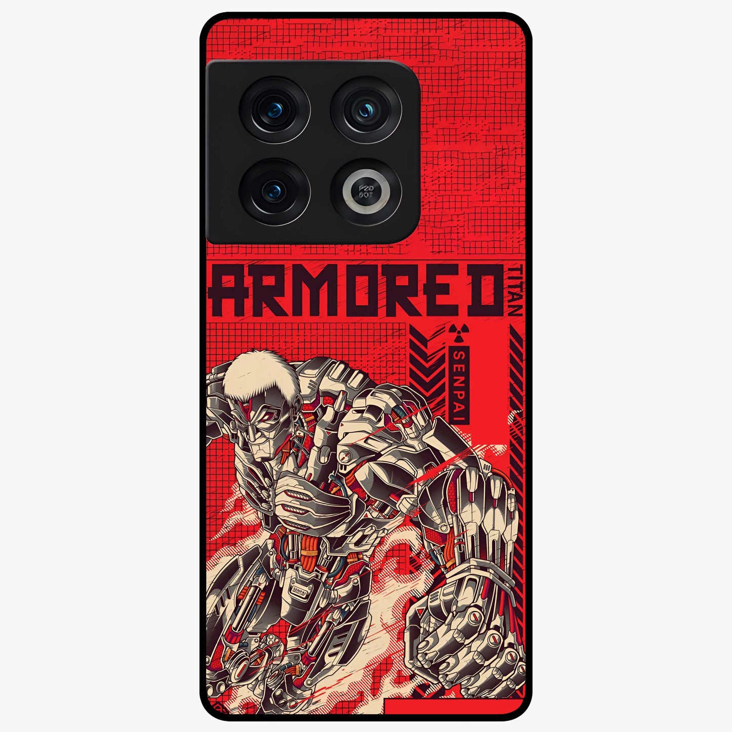 Crimson Mecha Titan Glass Case showing flat back view with powerful mech titan artwork and glossy glass finish.