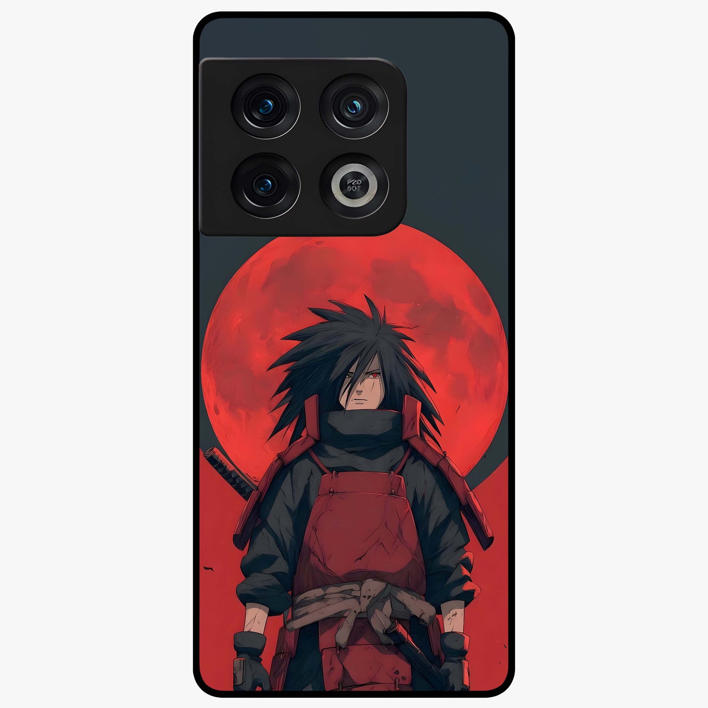 Crimson Moon Warlord Glass Case showing flat back view with mystical moon warrior artwork and glossy glass finish.