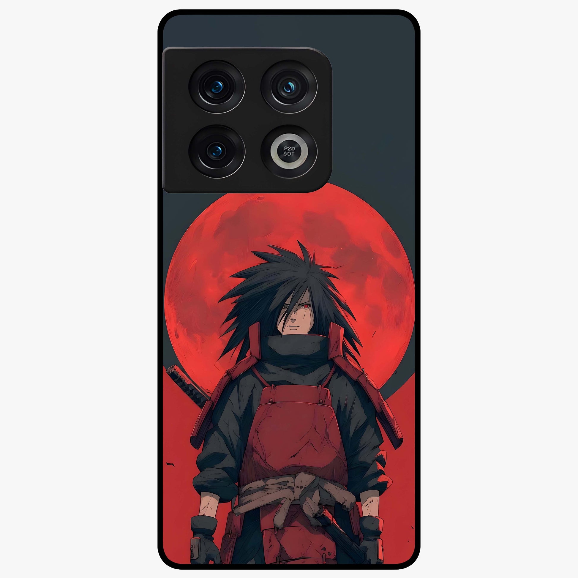 Crimson Moon Warlord Glass Case showing flat back view with mystical moon warrior artwork and glossy glass finish.