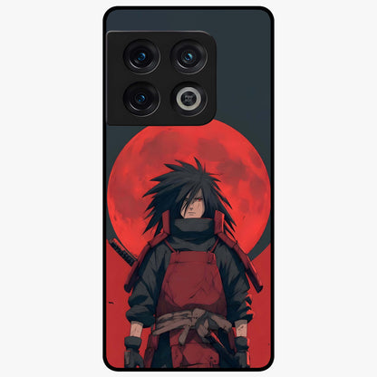 Crimson Moon Warlord Glass Case showing flat back view with mystical moon warrior artwork and glossy glass finish.