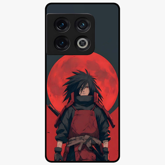 Crimson Moon Warlord Glass Case showing flat back view with mystical moon warrior artwork and glossy glass finish.