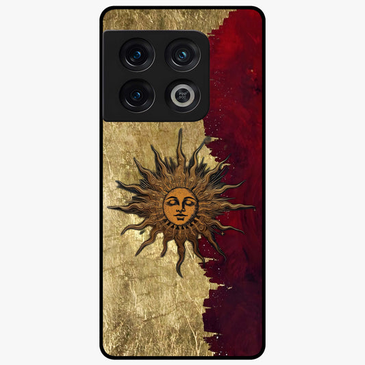 Crimson Sun Majesty Glass Case showing flat back view with radiant sun inspired artwork and glossy glass finish.
