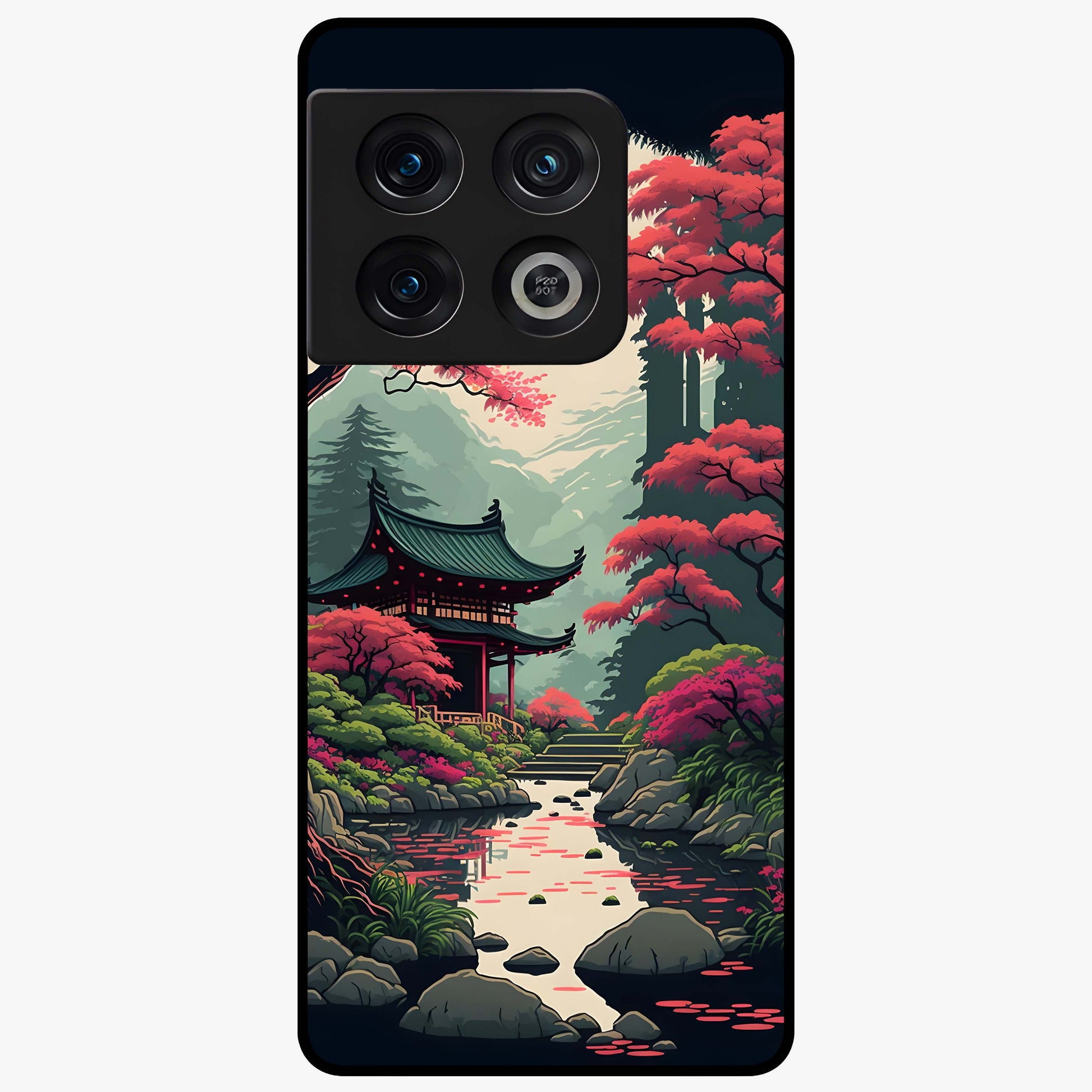Crimson Temple View Glass Case showing flat back view with temple inspired artwork and glossy glass finish.