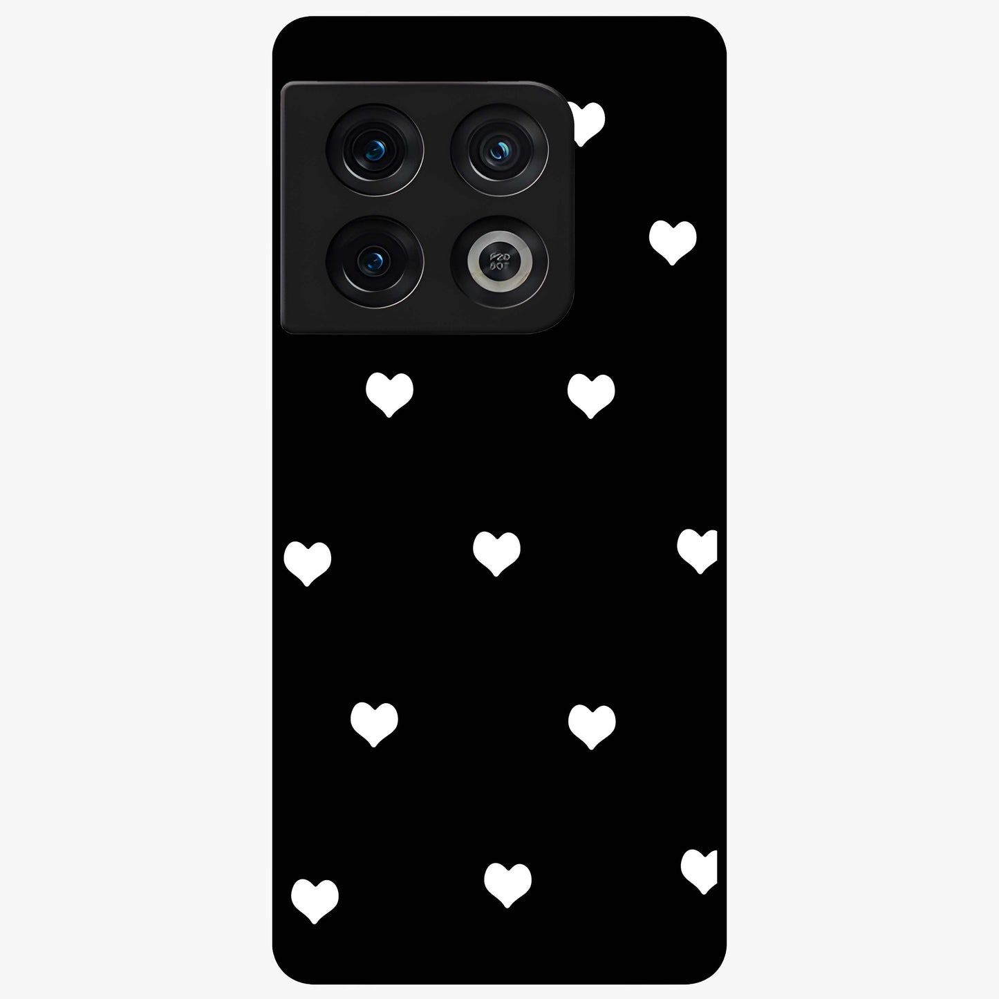 Cute And Simple White Hearts Glass Case showing flat back view with minimal white heart pattern and glossy glass finish.