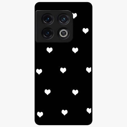Cute And Simple White Hearts Glass Case showing flat back view with minimal white heart pattern and glossy glass finish.