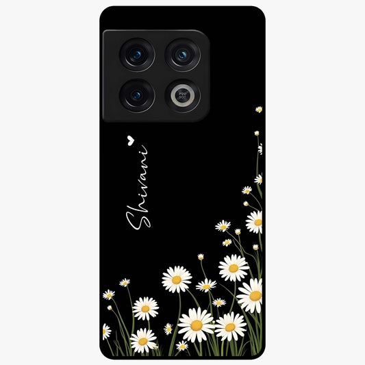 Daisy Cascade Custom Name Glass Case showing flat back view with cascading daisy flowers and personalized name design.
