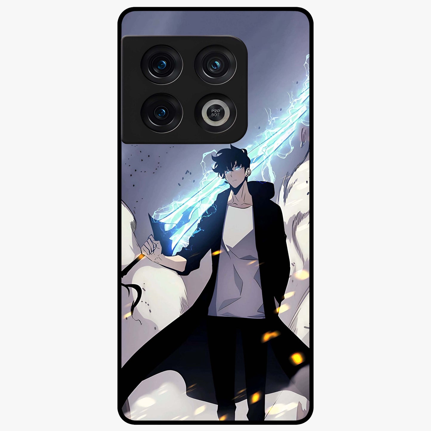 Dark Lightning Anime Warrior Glass Case showing flat back view with intense anime warrior artwork and glossy glass finish.