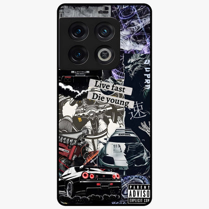 Die Young Glass Case showing flat back view with bold artistic typography design and glossy glass finish.