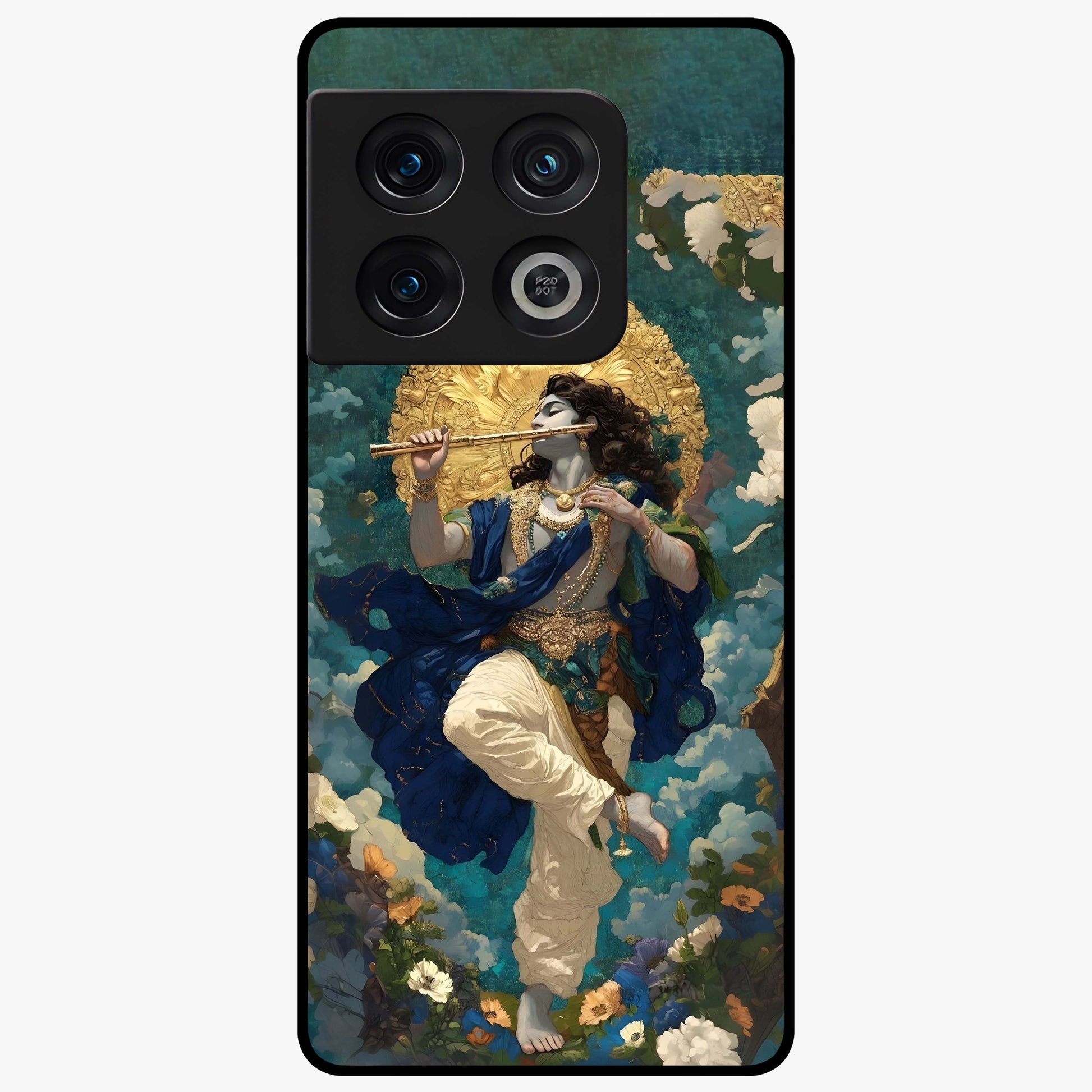 Divine Krishna Art Glass Case showing flat back view with Lord Krishna artwork and glossy glass finish.