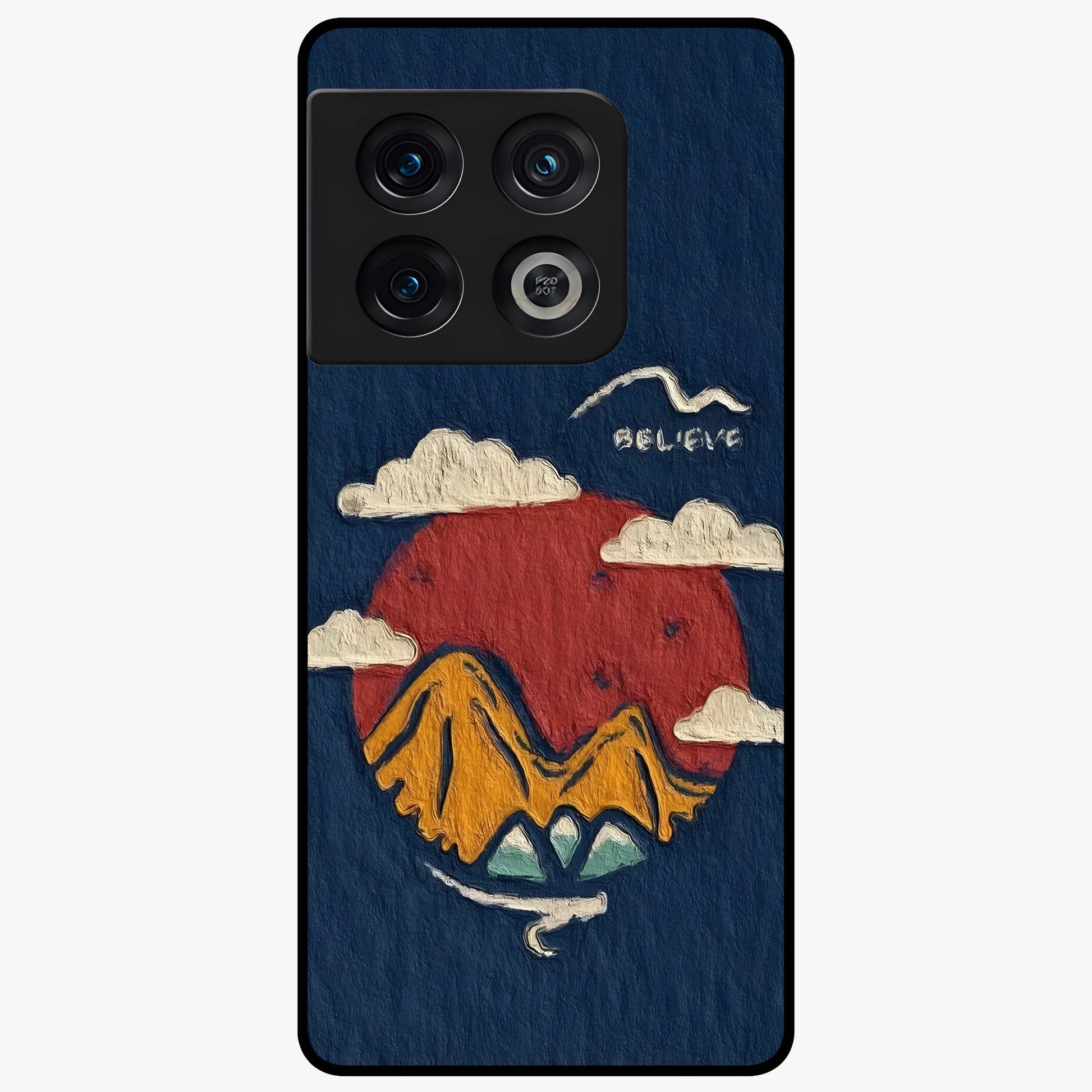 Dream Beyond Mountains Glass Case showing flat back view with scenic mountain landscape artwork and glossy glass finish.