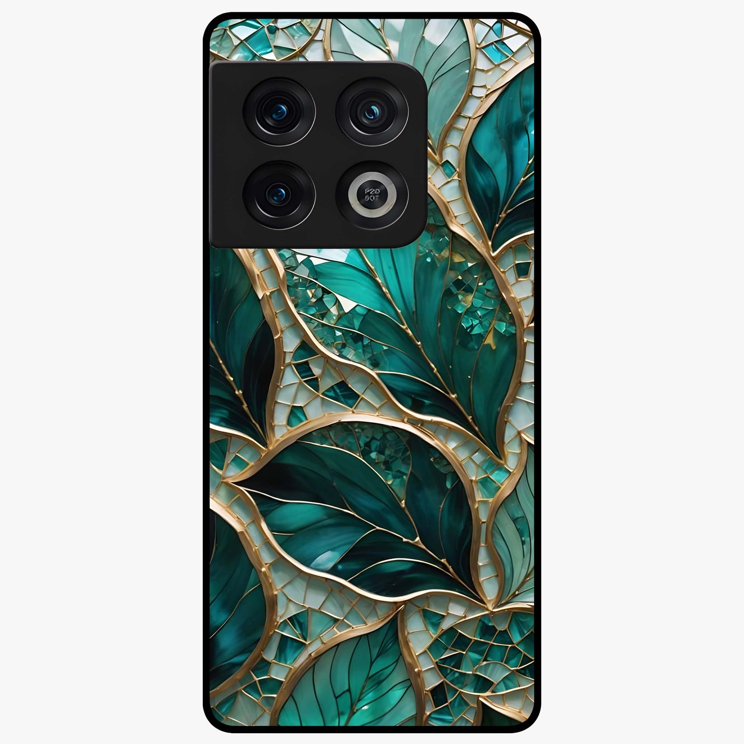 Emerald Leaf Glass Glass Case showing flat back view with emerald green leaf artwork and glossy glass finish.