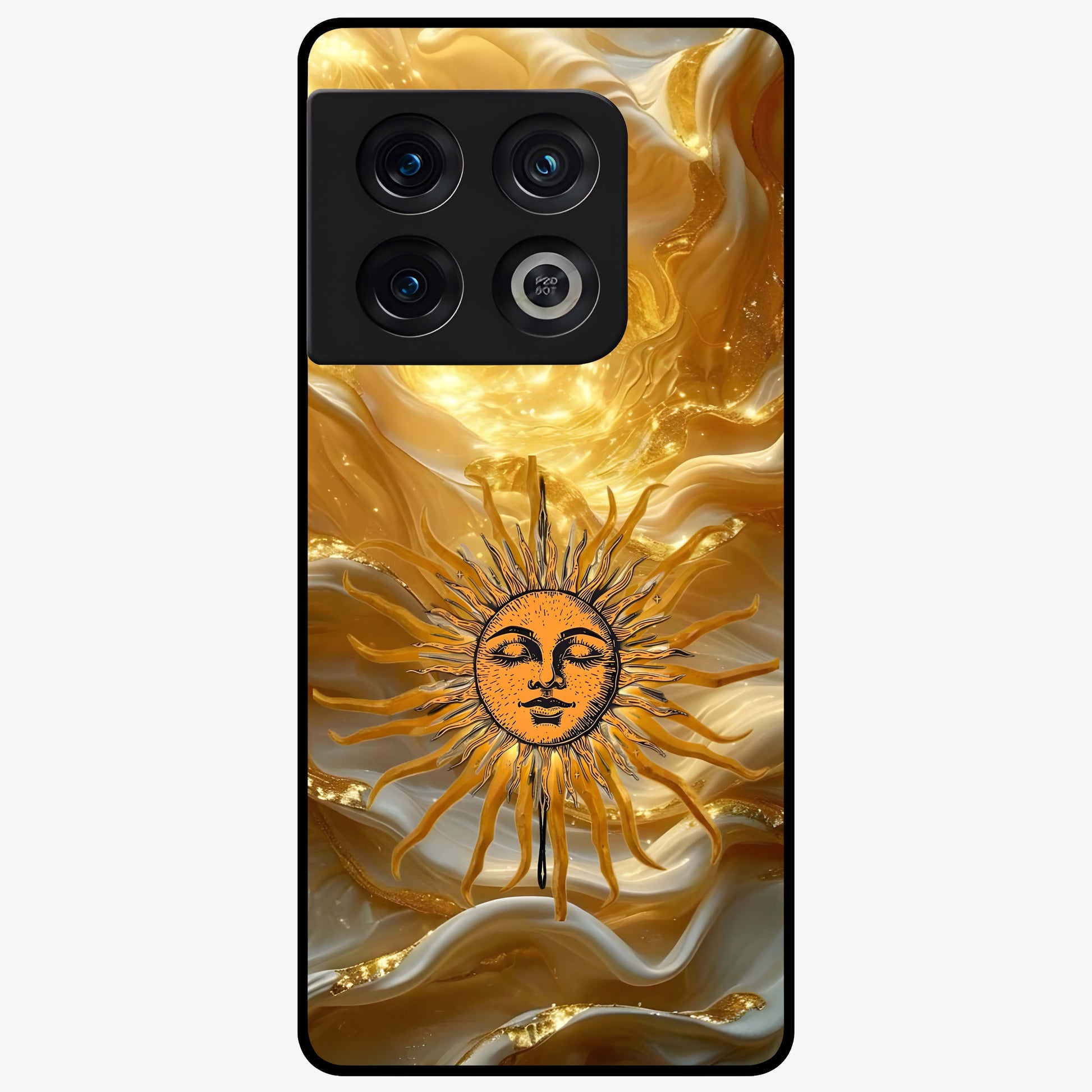 Eternal Golden Glow Glass Case showing flat back view with radiant golden themed artwork and glossy glass finish.