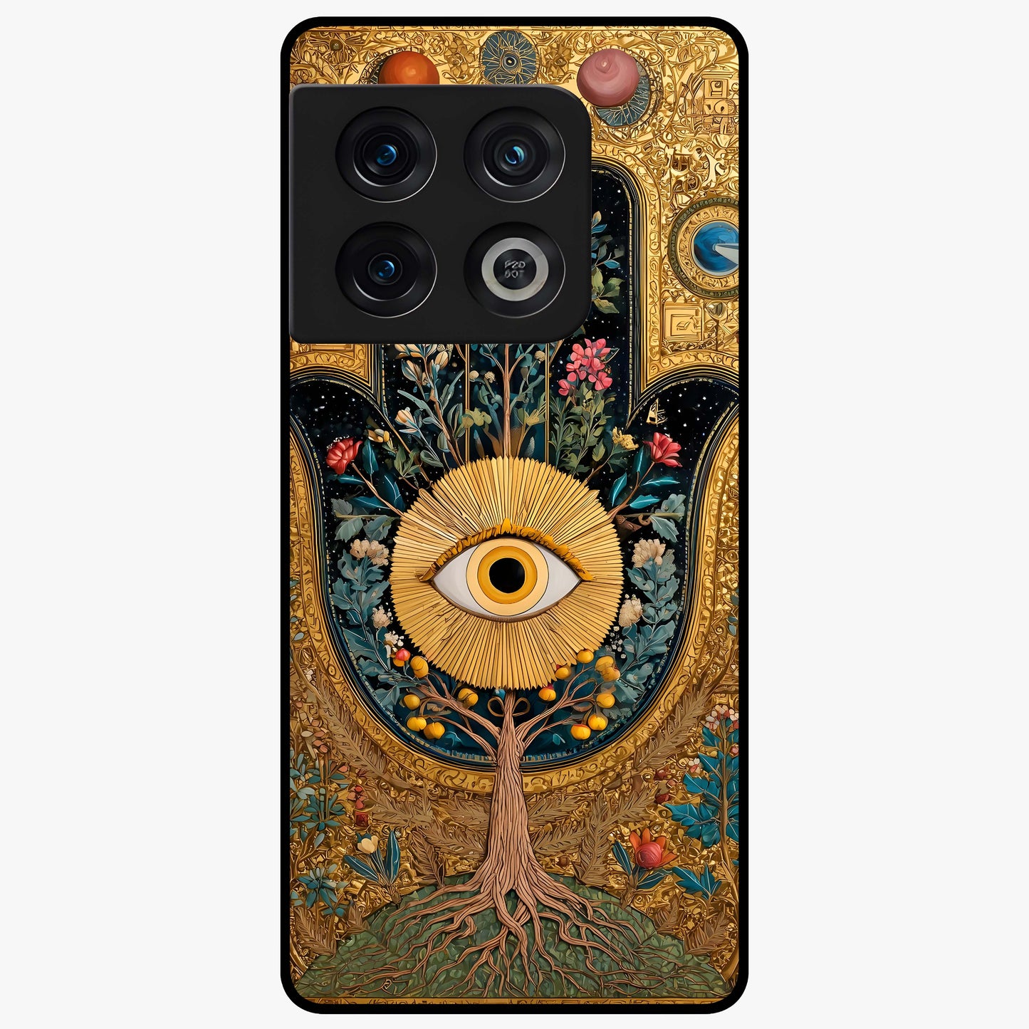 Ethereal Evil Eye Glass Case showing flat back view with mystical evil eye artwork and glossy glass finish.