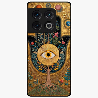 Ethereal Evil Eye Glass Case showing flat back view with mystical evil eye artwork and glossy glass finish.