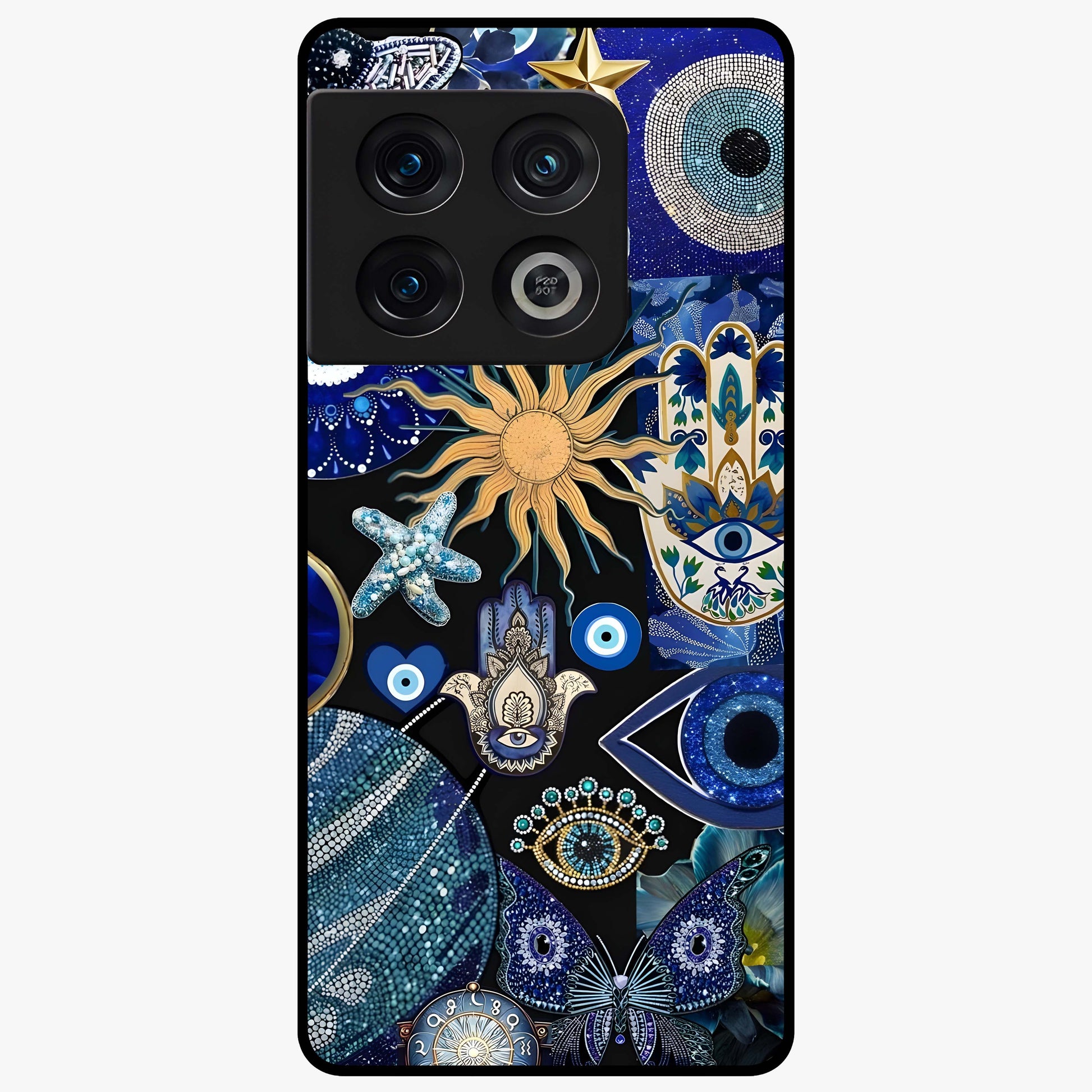 Evil Eye Charm Mix Glass Case showing flat back view with multiple evil eye charms artwork and glossy glass finish.