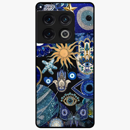 Evil Eye Charm Mix Glass Case showing flat back view with multiple evil eye charms artwork and glossy glass finish.