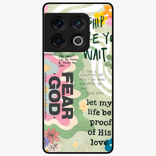 Faith Over Fear Glass Case showing flat back view with motivational typography artwork and glossy glass finish.
