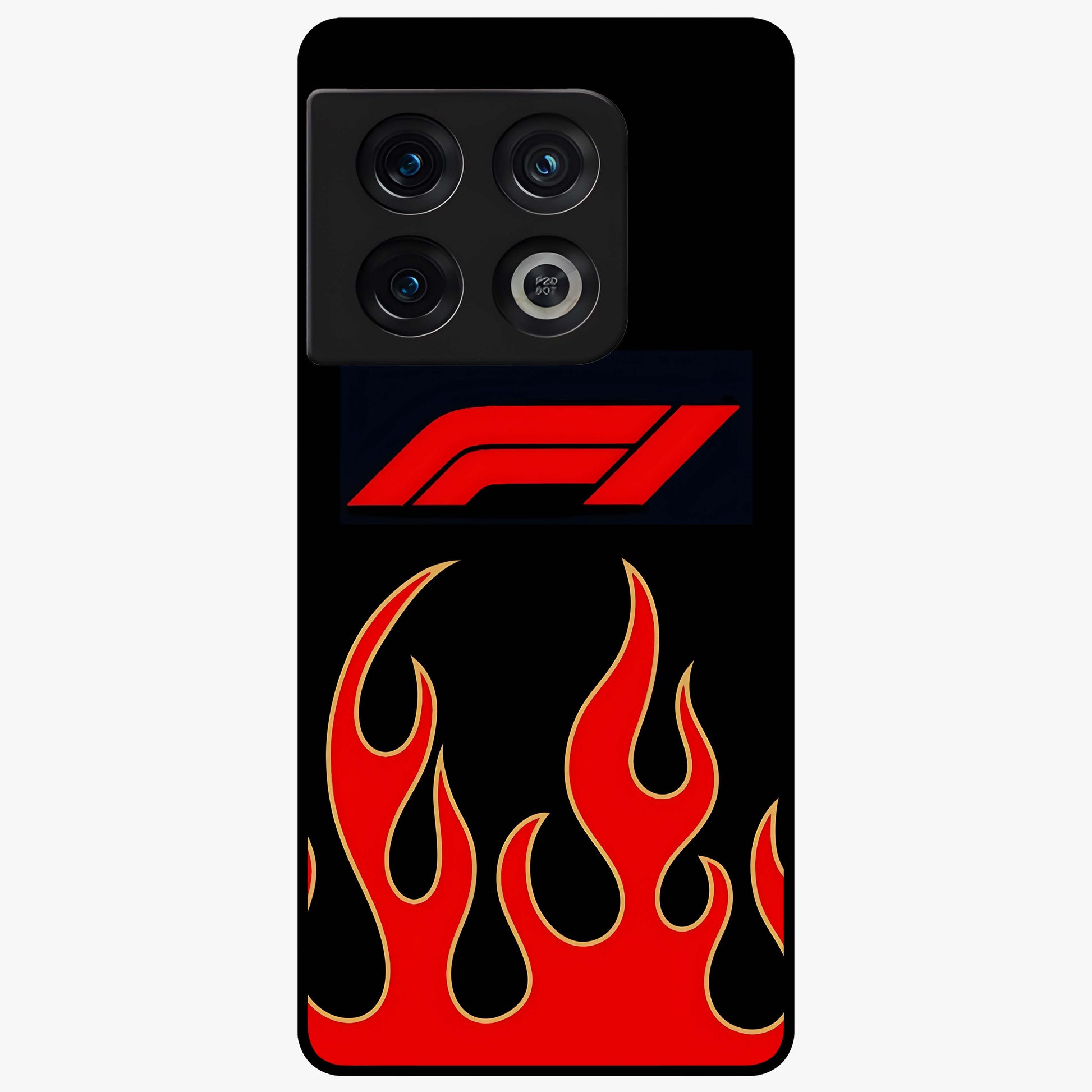 Fire F11 Glass Case showing flat back view with fiery themed artwork and glossy glass finish.
