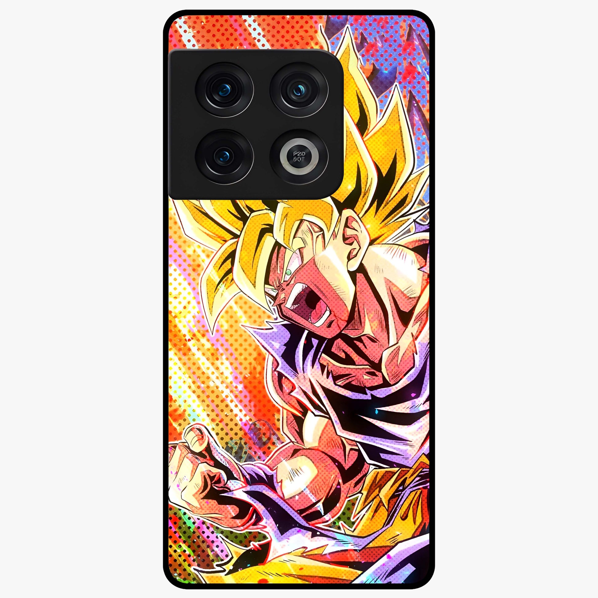 Firing Goku Glass Case showing flat back view with powerful anime inspired artwork and glossy glass finish.