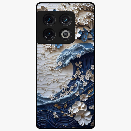 Floral Wave Origami Glass Case showing flat back view with origami inspired floral wave artwork and glossy glass finish.