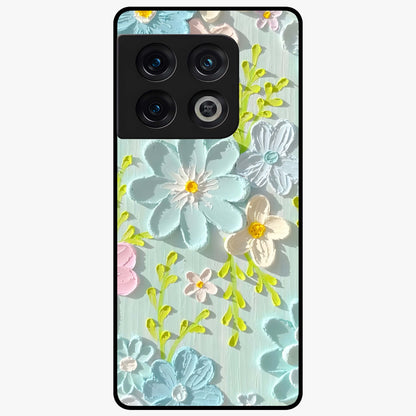 Frosted Petal Garden Glass Case showing flat back view with soft frosted floral artwork and glossy glass finish.