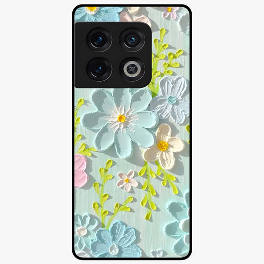 Frosted Petal Garden Glass Case showing flat back view with soft frosted floral artwork and glossy glass finish.