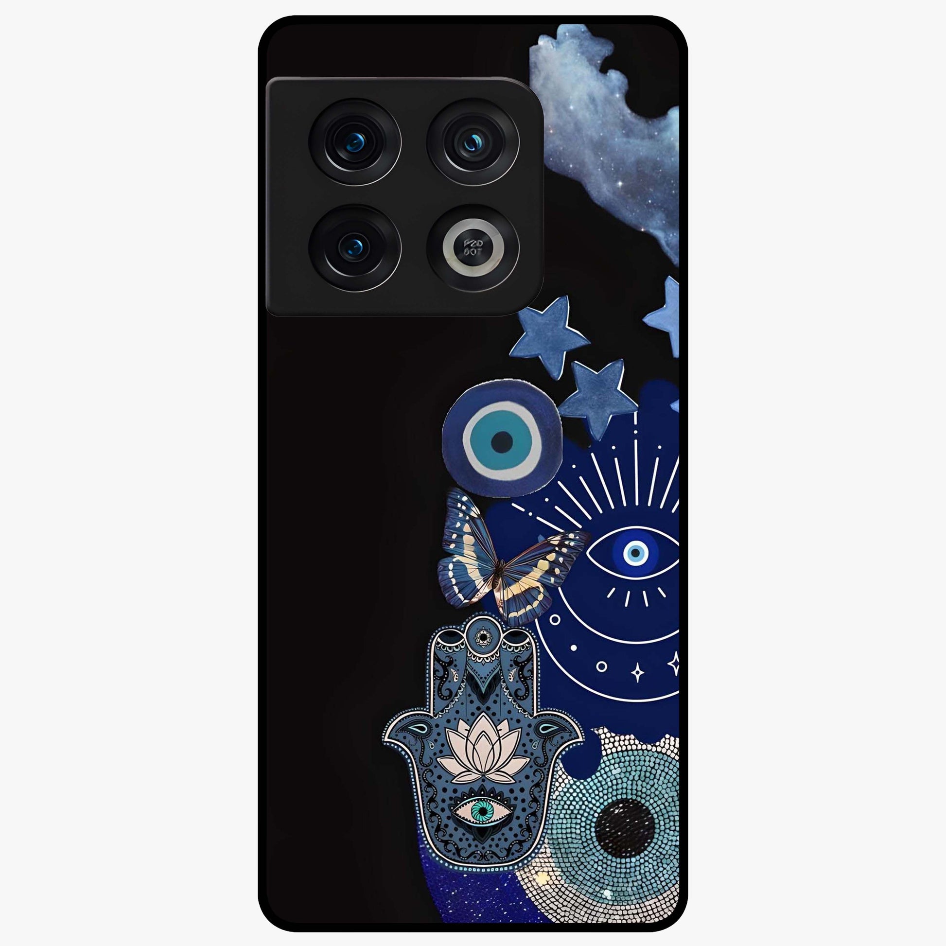 Galactic Charm Cluster Glass Case showing flat back view with glowing celestial charm artwork and glossy glass finish.
