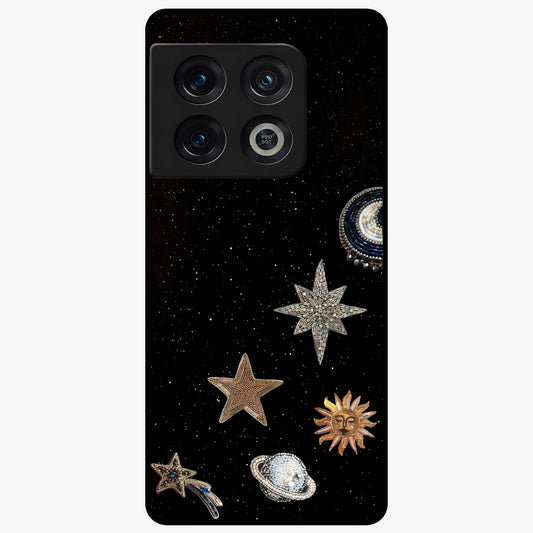 Galactic Charm Glow Glass Case showing flat back view with glowing celestial charm artwork and glossy glass finish.