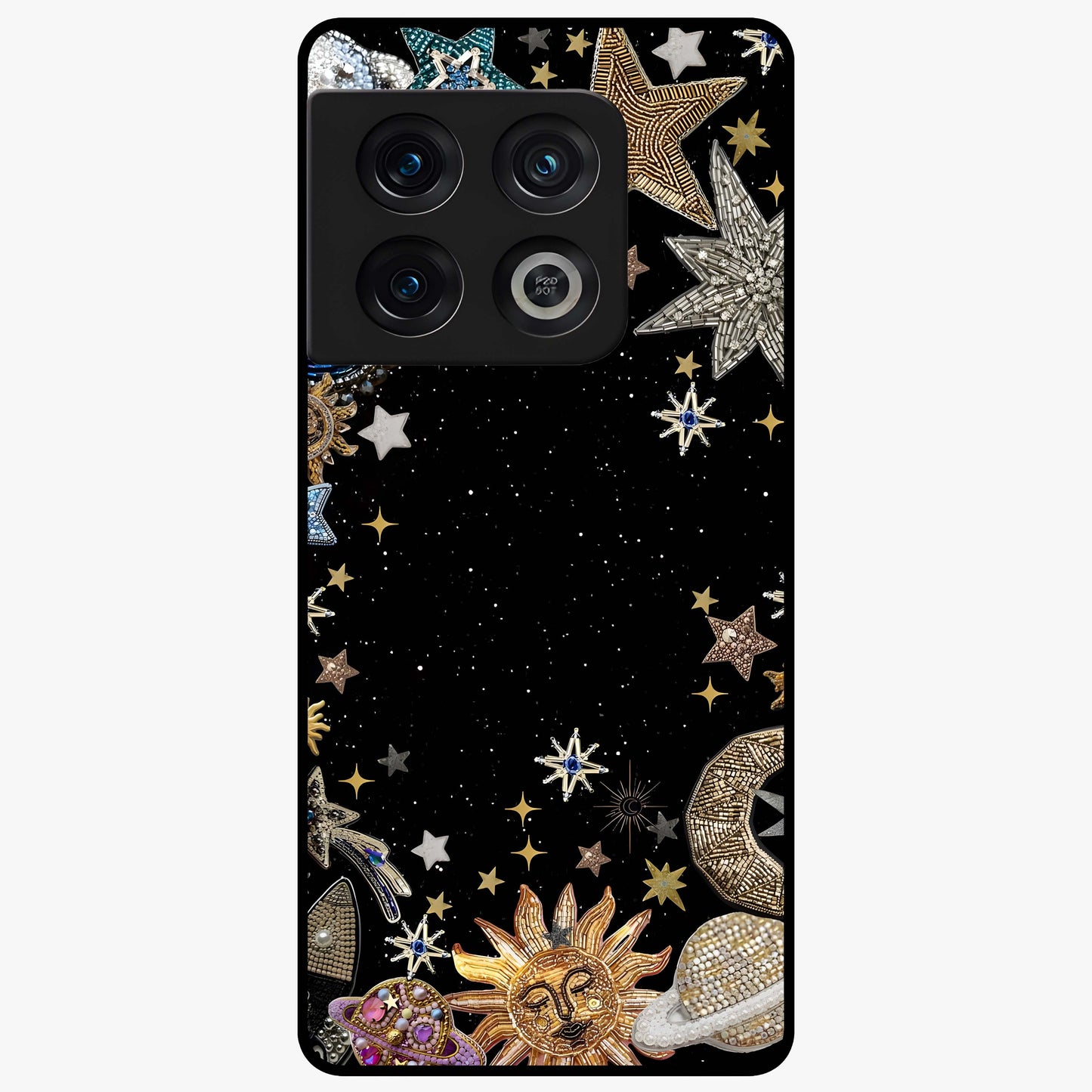 Galactic Jewel Stars Glass Case showing flat back view with sparkling star jewel artwork and glossy glass finish.