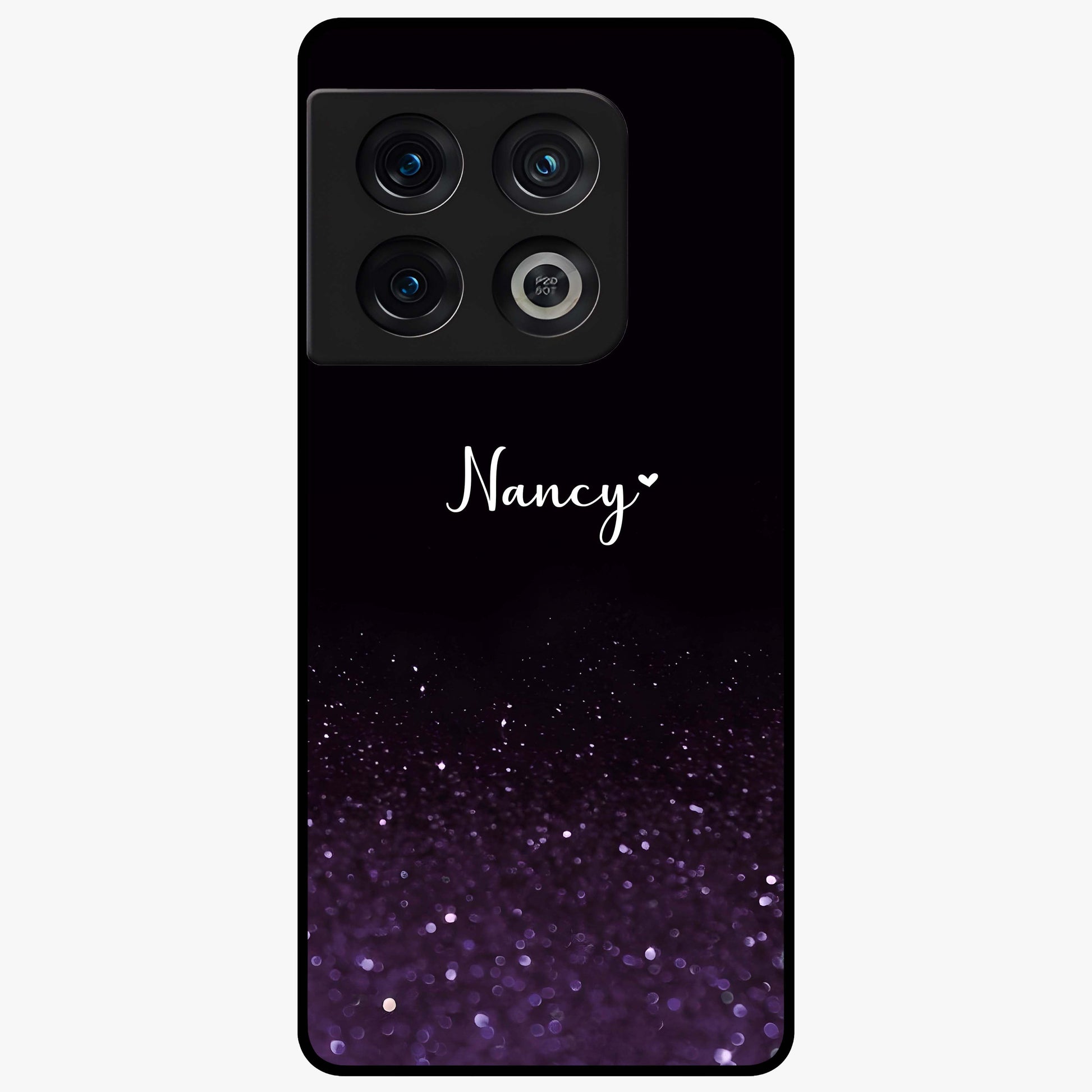 Glittery Purple Bokeh Custom Name Glass Case showing flat back view with purple bokeh sparkle artwork and personalized name design.