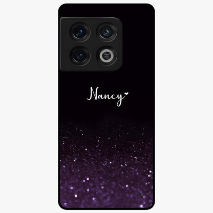 Glittery Purple Bokeh Custom Name Glass Case showing flat back view with purple bokeh sparkle artwork and personalized name design.