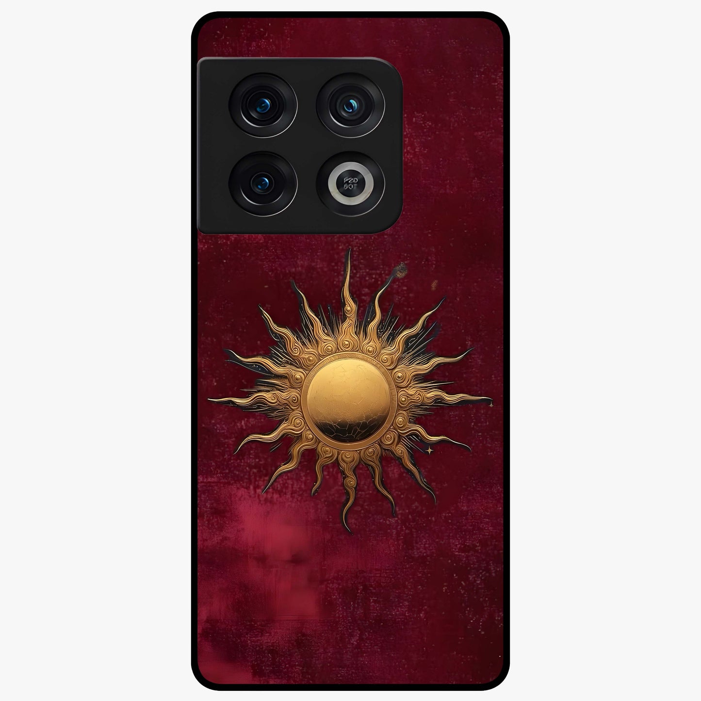 Gold Sun Blush Glass Case showing flat back view with golden sun inspired artwork and glossy glass finish.