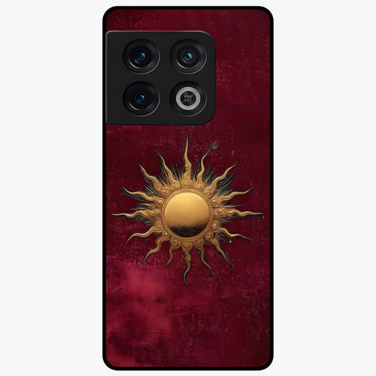 Gold Sun Blush Glass Case showing flat back view with golden sun inspired artwork and glossy glass finish.