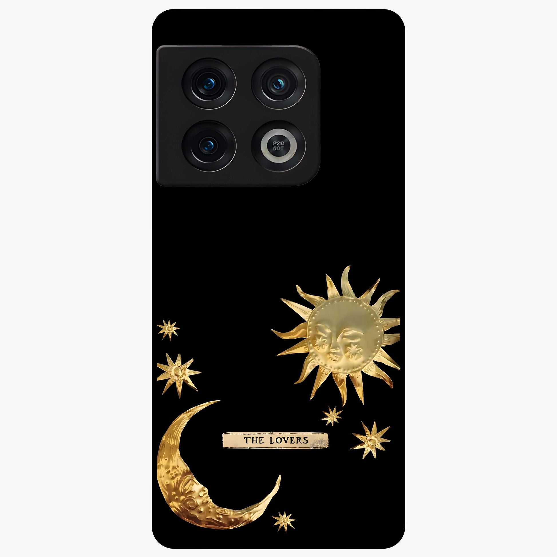 Golden Celestial Charm Glass Case showing flat back view with golden celestial charm artwork and glossy glass finish.