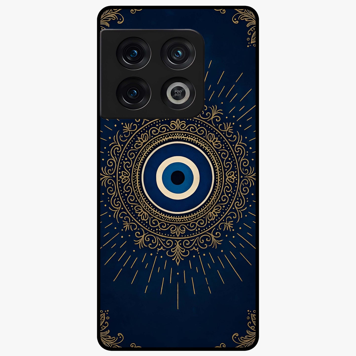 Golden Evil Eye Mandala Glass Case showing flat back view with intricate evil eye mandala artwork and glossy glass finish.