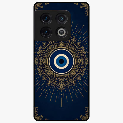 Golden Evil Eye Mandala Glass Case showing flat back view with intricate evil eye mandala artwork and glossy glass finish.