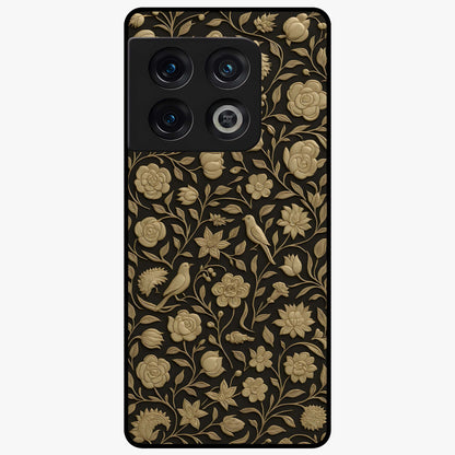 Golden Floral Majesty Glass Case showing flat back view with luxurious golden floral artwork and glossy glass finish.