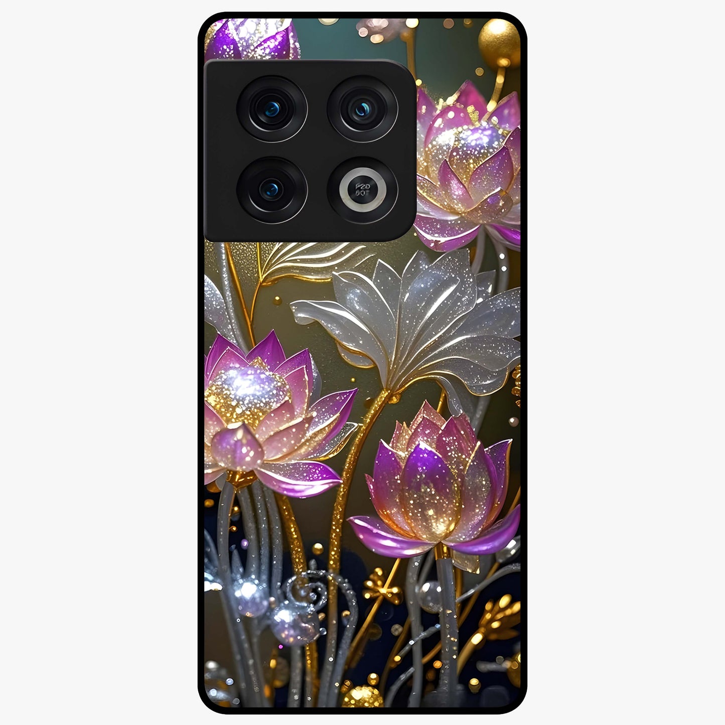 Golden Lotus Glow Glass Case showing flat back view with glowing lotus flower artwork and glossy glass finish.