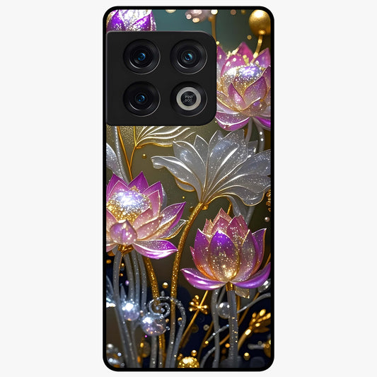 Golden Lotus Glow Glass Case showing flat back view with glowing lotus flower artwork and glossy glass finish.