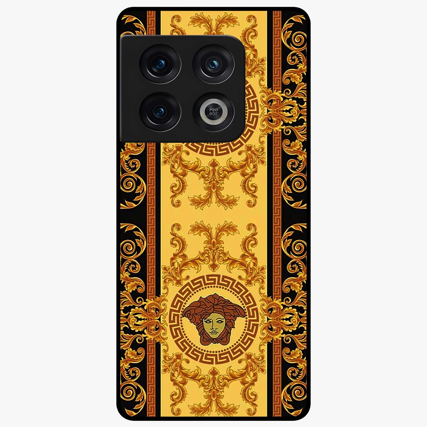 Golden Royal Heritage Glass Case showing flat back view with ornate royal pattern artwork and glossy glass finish.